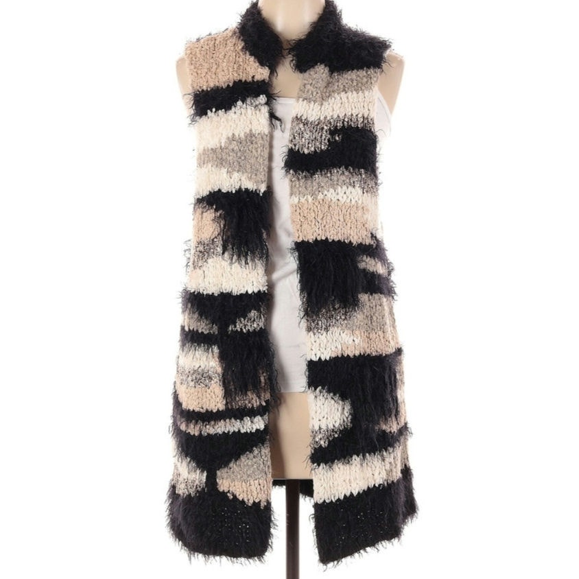 Free People Black And Cream Fuzzy Vest